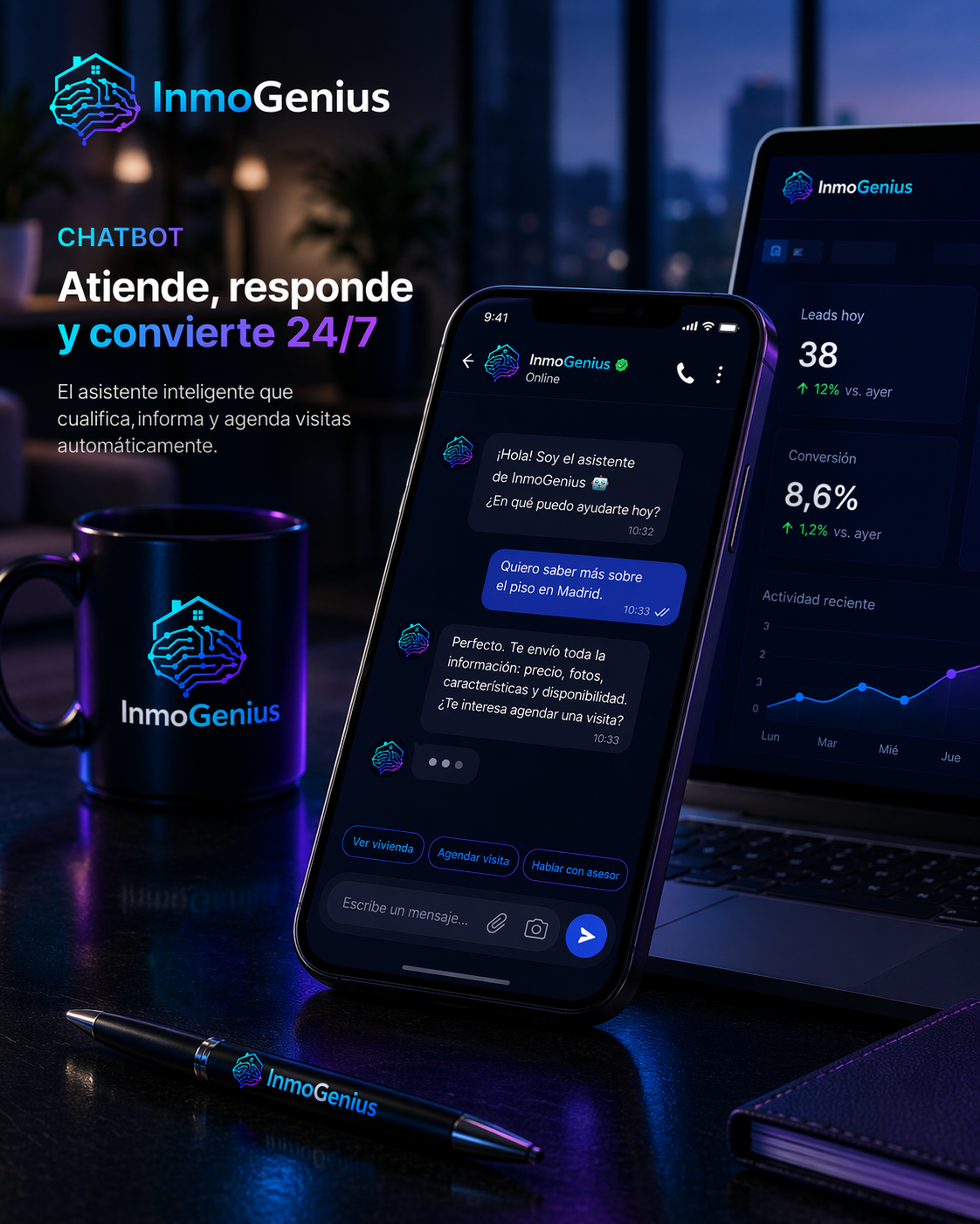 Chatbot inmobiliario InmoGenius — Atención y conversión de leads 24/7